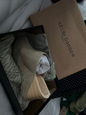 Kelsi Dagger Olive/Tan Suede Studded Slip-On Mule